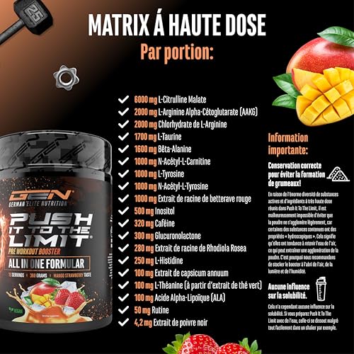 Push it to the Limit - Pré-entraînement avec L-arginine + citrulline + L-tyrosine + L-théanine + L-carnitine + AAKG + taurine + rhodiola rosea + caféine - Hautement dosé - 360 g - Mangue Fraise – Image 3