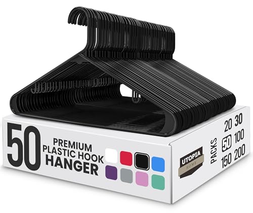 Utopia Home Plastic Hangers 50 Pack - Space Saving Clothes Hanger - Durable & Strong Closet Organizers and Storage with Built-in Strap Hooks - Essential for Shirts, Pants, Skirts & Coats (Black)