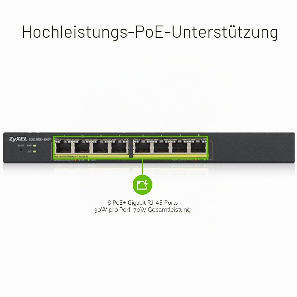 ZyXEL GS1900-8HP-EU0102F Verwalteter Netzwerk-Switch L2 Gigabit (10/100/1000) Energie Über Ethernet (PoE) Unterstützung