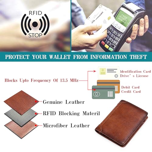 Genuine Leather Zipper Wallet for Men, RFID Blocking Bifold Design with Coin Pocket and Large Capacity (Brown)4