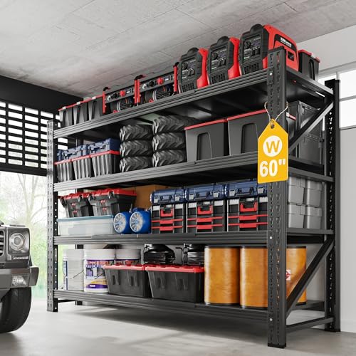 Fesbos 5000LBS Metal Steel Storage Shelves - 60" W Black 4 Tier Heavy Duty Rack Commercial Industrial Shelving with Adjustable Shelf for Basement Garage Warehouse - 60" W x 24" D x 70" H