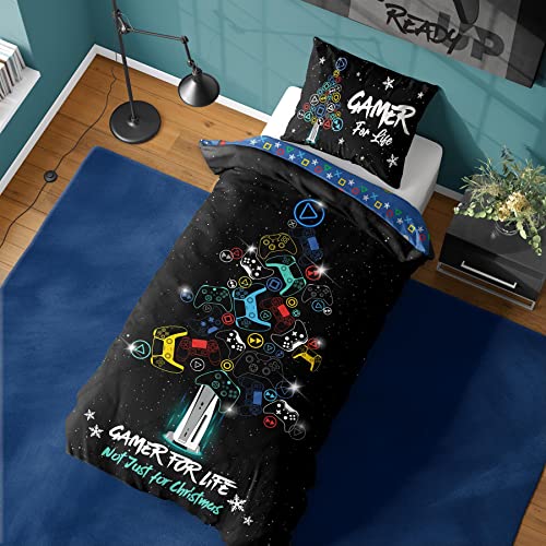 Gamer Single Duvet Cover - Gamer For Life Christmas Design - Reversible Bedding Set - Polycotton