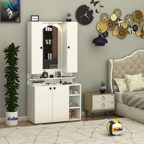 Image of Anikaa Opulex Engineered Wood Dressing Table with Mirror Cabinet, LED Lights, Storage Shelves & Back Panel - Wall Mounted Makeup Vanity & Organizer for Bedroom -(White) DIY Installation