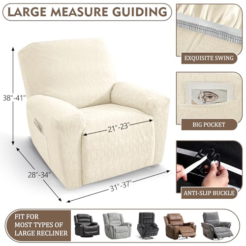 Image of ZNSAYOTX 100% Waterproof Recliner Chair Covers, 3-Piece Stretch Fit Recliner Slipcovers with Buckle & Elastic Band for Lazy Boy, Stay in Place, Soft Plaid Jacquard Protector (Large, Beige)