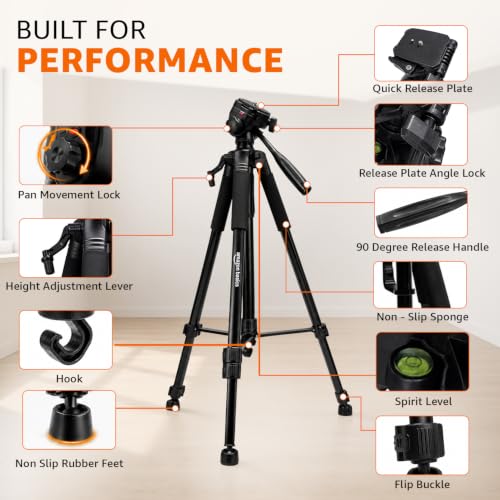 Image of Amazon Basics 67-Inch Aluminium Tripod for DSLR & Camera, 5.57 Feet Operating Height, 5kg Load Capacity, Portable Lightweight with 360 Ball Head, Clip Lock & Carry Bag, for Photography & Video