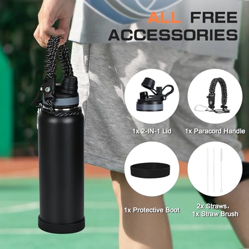 Image of GAZLEMHO 40 oz Insulated Water Bottle with Straw& Spout 2-in-1 Lid, Triple Wall Vacuum Stainless Steel Cold 48H, Leak Proof Sports Metal Flask Jug with Paracord Handle, Black