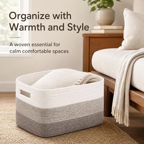 Image of Cotton Rope Laundry Basket Large, 19.2GAL Collapsible Woven Storage Baskets for Living Room Kids Toys Stuffed Animal,Boho Rectangular Decorative Short Hamper for Dirty Clothes Blankets Gradient Brown