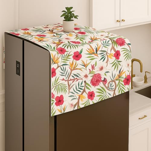 Image of WWW.THROWPILLOW.IN Fridge Top Cover for Double Door 400+L Capacity| Large Size Double Door Refrigerator Cover | Fits Haier Samsung LG Godrej |Durable 450 GSM Dustproof Fridge Cover|Floral Pattern