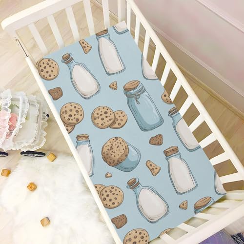 Image of Milk Bottle Cookies Cute Crib Sheets Soft Breathable Fitted Baby Crib Sheets Mattress Cover for Girls Boys, 52 inch x 28 inch x 9 inch