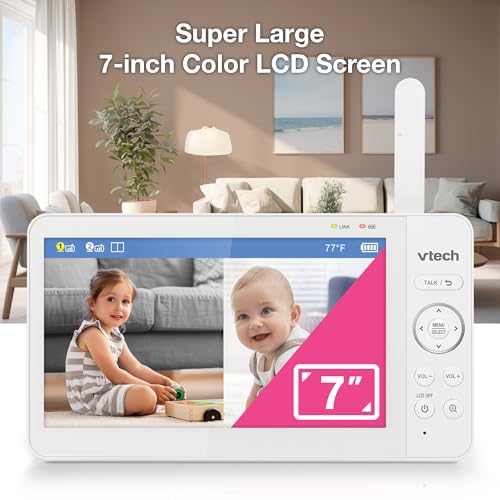 Image of VTech Baby Monitor No WiFi, 2 Cameras, 7 inch Split IPS Screen, 5000mAh 12Hr Battery, 360 Pan Tilt Zoom, Night Vision, Night Light | Advanced Max Twin Tan