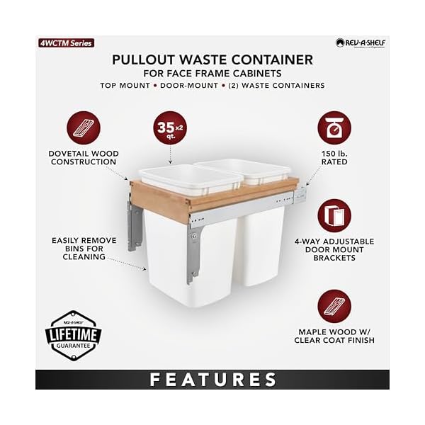   Rev-A-Shelf-Double-Pull-Out-Trash-Can-for-Base-Kitchen-Bathroom-Cabinets-35-Qt-Wood-Top-Mount-Garbage-Bin-15-x-15-Face-Frame-White-4WCTM-18DM2