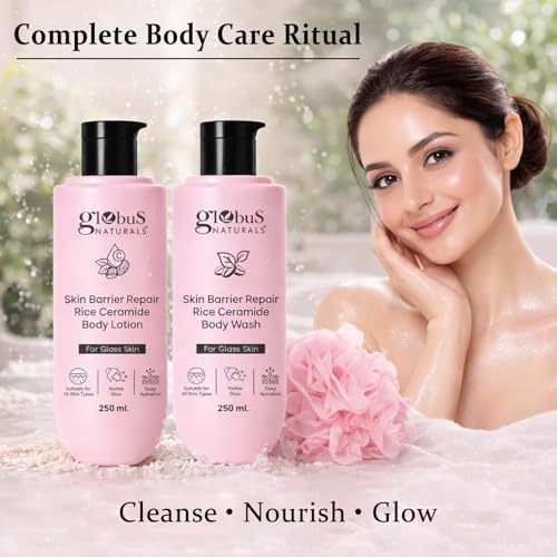 Image of Globus Naturals Rice Ceramide Body Care Combo for Glass Skin | Body Wash + Body Lotion + Loofah | Deep Hydration, Barrier Repair & Brightening Glow | Rice Body Care | Soft, Smooth & Radiant Skin | Daily Use for Men & Women | All Skin Types