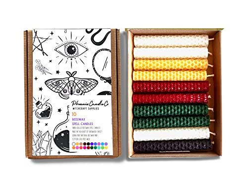 Phoenix Candle Company 10 Pack of 4 Inch Beeswax Spell Candles | Assorted Colours | Unscented | Mini 2022 Moon Calendar | Colour Chart | Hand-Rolled | Burn Time 80 Mins (Yule)