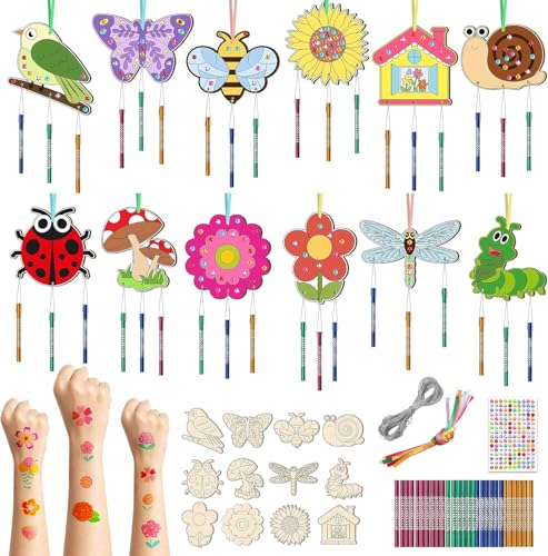 12 Pack Wind Chime Kit for Kids Make Your Own Wind Chime DIY Wood Arts and Crafts Decorative Coloring Wooden Hanging Ornaments for Girls Boys Home School Activity Party Supplies(Spring Flower Animal)