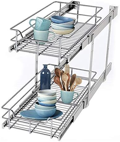 STORKING 2 Tier Wire Basket Pull Out Shelf Drawer Storage Organizer for Kitchen Base Cabinets Chrome-Plating (20 x 22 x 15.4 Inch, 2 Tier)