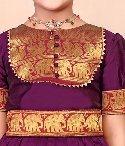 Image of Girls Silk Pattu Gown for Kids Traditional South Indian Long Ethnic Dress | Baby Girl Festival Pavadai Sattai Style Party Wedding Birthday Special Occasion Outfit