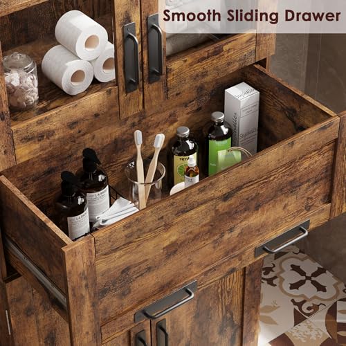 GAOMON 67" Tall Bathroom Cabinet with 4 Doors & Flip Glass Drawer, Storage Cabinet with Adjustable Shelves, Freestanding Organizer for Kitchen, Pantry, Living Room (Rustic Brown)