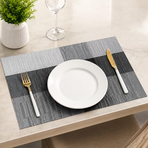 Image of OXSAM Placemats, Heat Insulation Non-Slip Vinyl mats, Stain-Resistant Tablemats for Home and cafe Dining Table Decor (Black & Gray, Pack of 8)