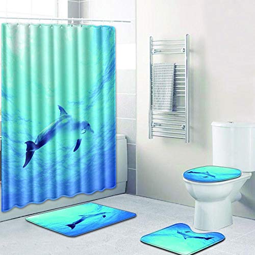 ZDDWLDL 3D Gedruckter Duschvorhänge Set Blaugrüner Ozeandelfin Duschvorhang Set 4 Stück Badezimmer Dekor Vorhang mit…