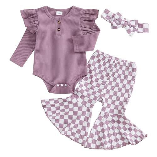 Image of MERSARIPHY Western Baby Girl Clothes Newborn Rib Knit Ruffle Romper Bodysuit Bell-Bottom Pant Set Infant Fall Winter Outfits
