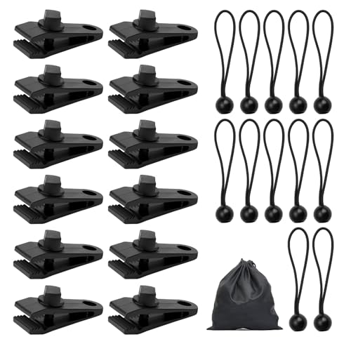 12 Pcs Tarpaulin Clips Sets Tarp Clips Heavy Duty With 12 Pcs Ball Bungee Cords and Storage Bag Multifunctional Awning Clip for Fixing Tarps Awnings Outdoor Camping Caravan Canopies