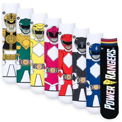 Cool Socks Mighty Morphin Power Rangers Gift Pack 8-Pack Novelty Crew Socks Value Bundle Size Large for Men & Women Fun Retro TV Comfy Cotton Blend Great Gift for Fans Birthdays Holidays