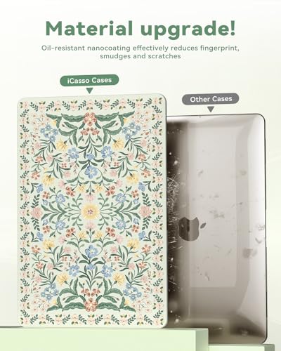Image of iCasso for MacBook Air 15 inch Case 2026 2025-2023 Release M5 A3448 M4 A3241 M3 A3114 M2 A2941, Slim Vintage Pattern Hard Shell Case for Mac Air 15.3 inch, Keyboard Cover + Screen Flim-Green Floral