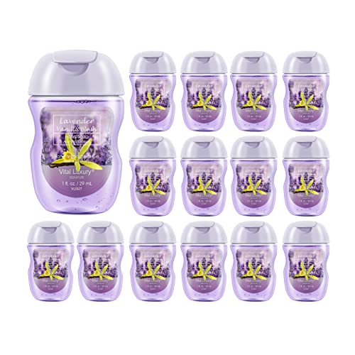 Mini Hand Sanitizer Gel, Vital Luxury Anti-Bacterial Hand Gel 1 FL OZ, Portable Hand Sanitizer with Travel Size Flip Cap Bottle , Clear Moisturizing and Refreshing, Fast Dry (Lavender Vanilla Blush 1 FL OZ, 15 PCS)