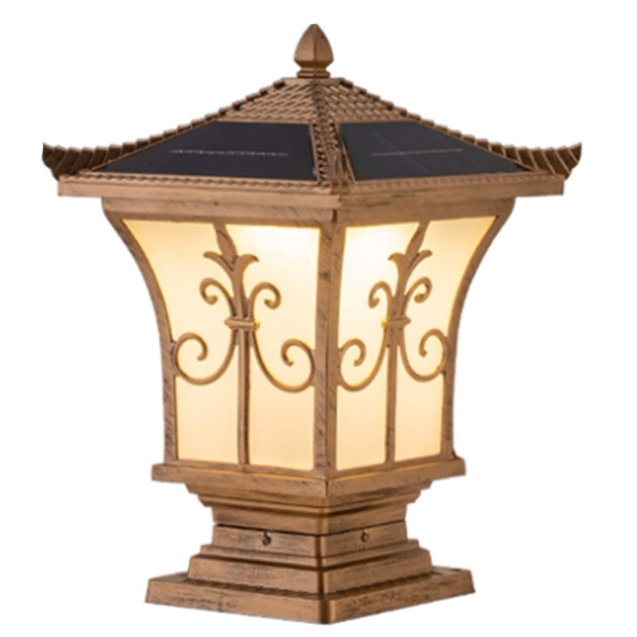 Duża solarna lampa podłogowa LED w kształcie kolumny, brązowy aluminiowy klosz i akrylowe lampiony w stylu vintage, idealna do ogrodów, tarasów i chodników (1 sztuka)