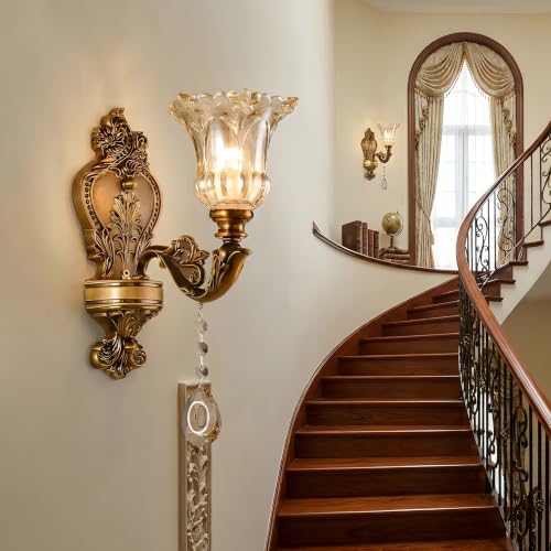 Image of Vintage Wall Sconce, Antique Brass Wall Light, Crystal Floral Bedside Wall Lamp for Entrance, Bedroom, Hallway