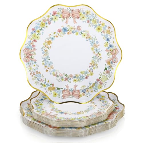 Yungyan 50 Pcs Elegant Floral Side Paper Plates - 8.5' Dessert & 10.5' Floral Disposable Dinner Plates with Wavy Edges for Spring Tea Party, Birthday, Baby Shower, Wedding