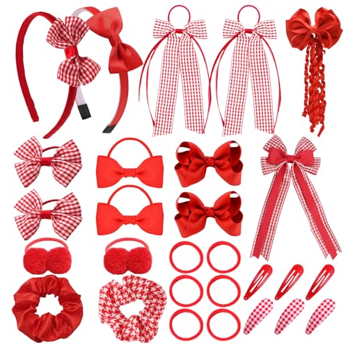 Xerteam 28 Pcs Hair Accessories for Girls Bow Hair Clips Headband Hair Bands Ribbon Ponytail Holder Kids School Hair Accessories Gift Set for Daily Make-up (Red)