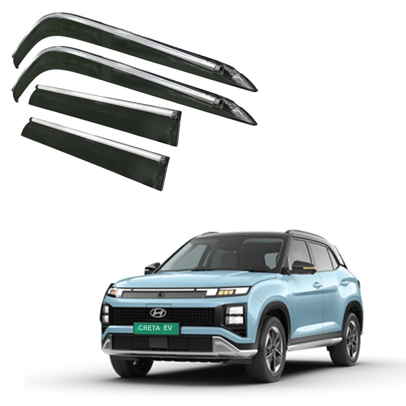 Image of CAR SAAZ Side Door Visors for Creta Electric (2025-present)(Set of 4Pcs)|Chrome Lined Rain Guards, Polycarbonate, Smoke Finish