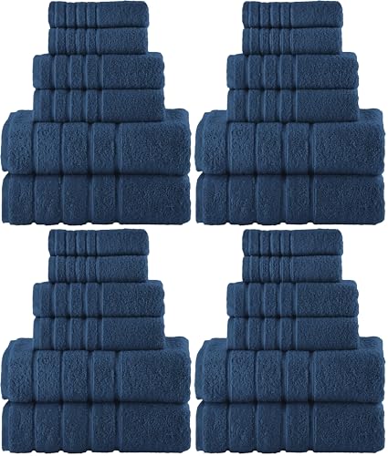 Image of Elegant Comfort 4 Lines Viscose Stripe 6-Piece Towel Set 100% Turkish Cotton High Absorbent Luxury Bathroom Towels Includes 2 Washcloths, 2 Hand and 2 Bath Towels Set, Navy Blue (Pack of 4)