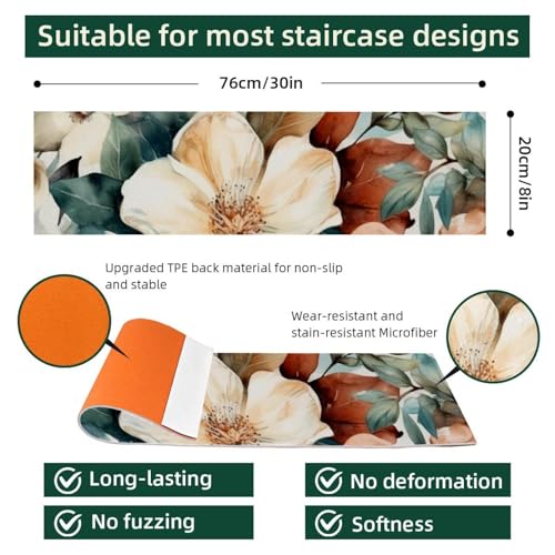 Alfombra resistente de patrón floral para escalones de madera de 8x30 pulgadas 5