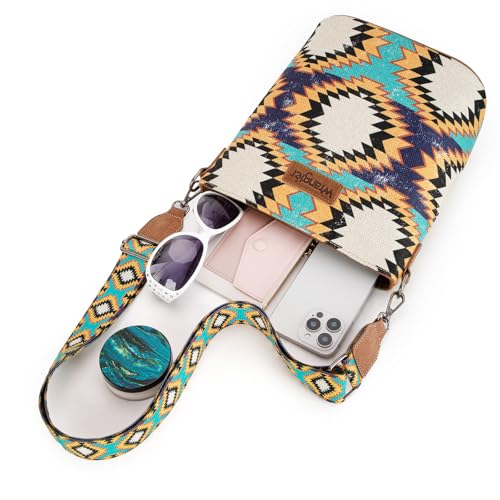 Image of Wrangler Aztec Crossbody Bags for Women Southwestern Print Canvas Shoulder Purse with Distressed Look and Adjustable Strap