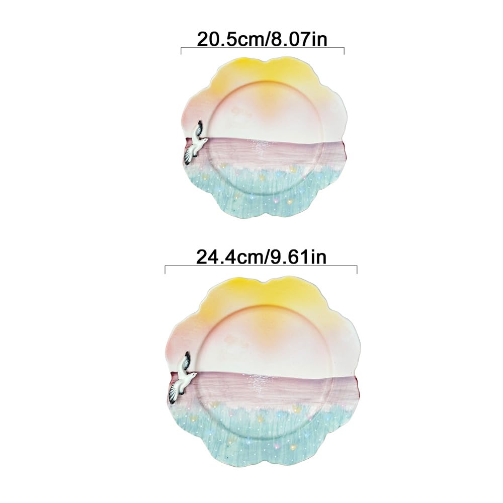 Hand-painted Household Ceramic Plate Dinner Cute Snack Breakfast Dessert Fruit Bowl Ice Cream Salad Soup Pasta (10 inches)