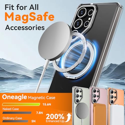Oneagle 360° Spin Magnetic Stand for Samsung Galaxy S25 Ultra Case Clear [Fit for Magsafe], [30X Anti-Yellow] S25 Ultra Phone Case 6.9" with [Rotatable Kickstand Ring][15FT Military Grade Protection]