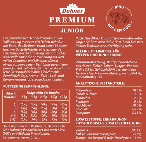 Dehner Premium Hundefutter Junior Nassfutter für Welpen und junge Hunde