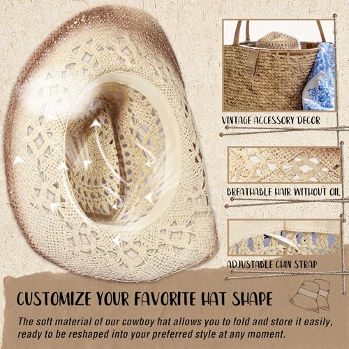 Straw Cowboy Hat Western Cowgirl Hat with Four Decorative Bands, Hat Size Fits 21 7/8 to 23, Wide Brim4