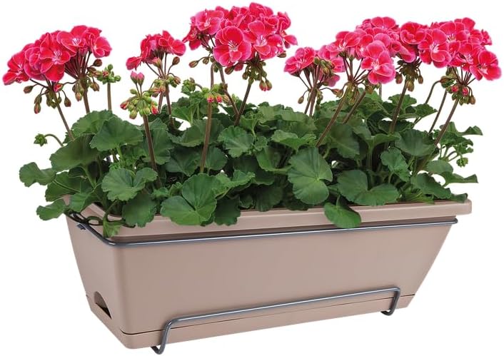 elho Barcelona Allin1 50 Balcony Planter - with Saucer and Hanging Rack - 100% Recycled Plastic - Ø 49.5 x H 18.5 cm - Brown/Taupe