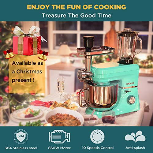 COOKLEE 6-IN-1 Stand Mixer, 8.5 Qt. Multifunctional Electric Kitchen Mixer with 9 Accessories for Most Home Cooks, SM-1507BM, Mojito Blue