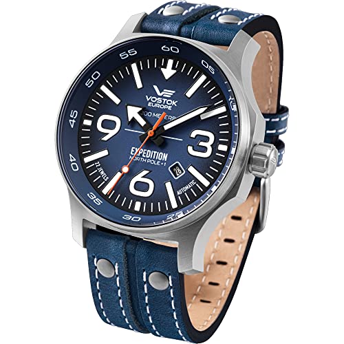 Vostok Europe YN55 Expedition Nordpol 1 Reloj para Hombre; con Remaches múltiples, Correa de Cuero, Fecha automática, Azul., Correa