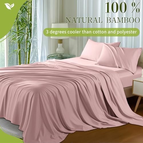 Shilucheng 100% Viscose Derived from Bamboo_ Sheets Queen Size 4pcs - Ultra Cooling & Silky Soft Bed Sheets, 16" Deep Pocket, Perfect for Hot Sleepers, Hotel Bedding Sheets (Light Pink)