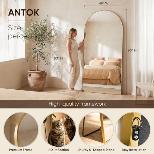 Image of Antok 91 inch x46 inch Arched Full Length Floor Mirror, Gold Aluminum Frame, Free Standing /Wall Mount /Leaning for Bedroom, Living Room, Dressing Room