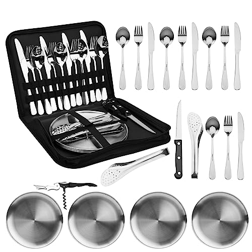 Edelstahl Campingbesteck Set für 4 Personen, 20-teiliges Picknick Geschirr Set mit Löffel, Gabel, Messer, Teller, Clip und Flaschenöffner -...
