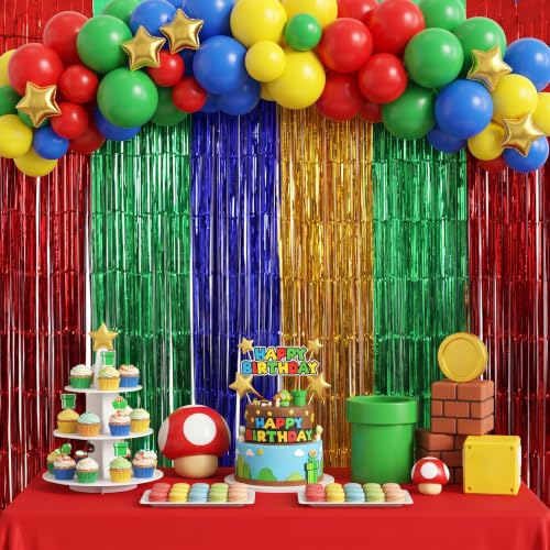Image of TONIFUL 2Pcs Red Green Blue Yellow Metallic Foil Fringe Curtain Streamers | 3.3ftx6.6ft Photo Booth Backdrop Door Tinsel Streamer, Props for Birthday Graduation Baby Shower Summer Pool Party Decoration
