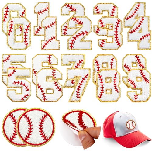 22 Pcs Baseball Number Patches Chenille Self Adhesive Baseball Patch Embroidered Include 20 Number Patch 0-9 Applique 2 Baseball Sew on Patch Game Day Stickers for Backpacks Hats