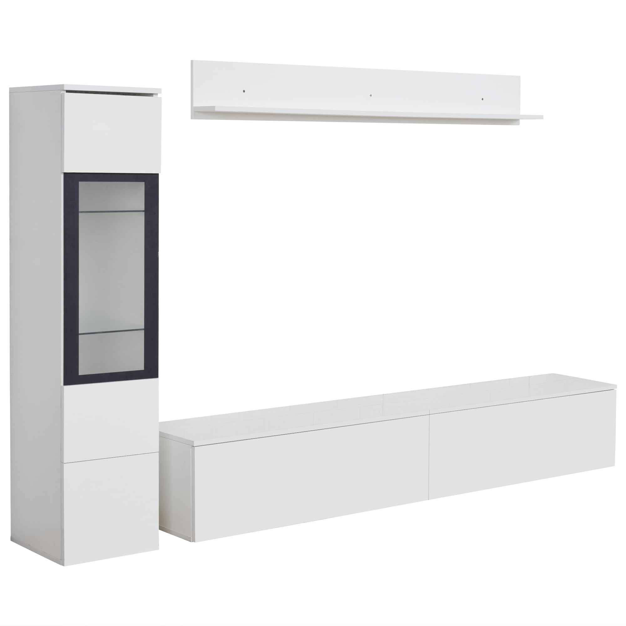Set da parete per TV, 3 pezzi, illuminazione a LED, bianco lucido, set di mobili da soggiorno, parete frontale bianca, 1 armadio TV, 1 vetrina per soggiorno, 1 mensola sospesa (bianco)