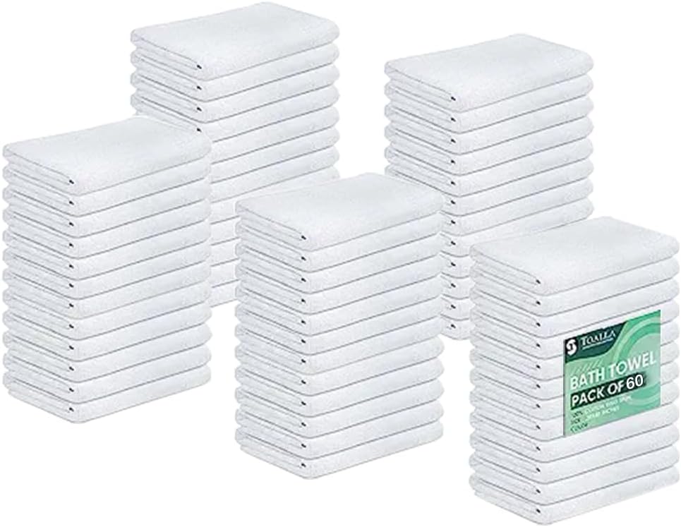 (Pack of 60 White Bath Towels Bulk 20x40 Inches - Economy Cheap Bath Towels for Commercial Uses, Gym, Salon, Spa & Hair -Lightweight Bath Towels Quick Drying -Bath Towels Sets Bulk BATH TOWEL PACK OF 60 20X40 White